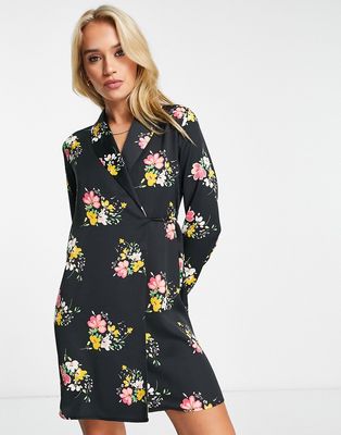 River Island floral mini shirt dress in black