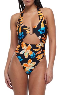 River Island Floral Plunge One-Piece Swimsuit in Black