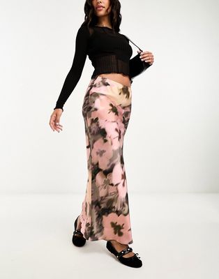 River Island floral printed satin bias maxi skirt in black