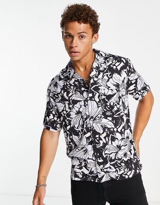 River Island floral revere collar shirt in mono-Black