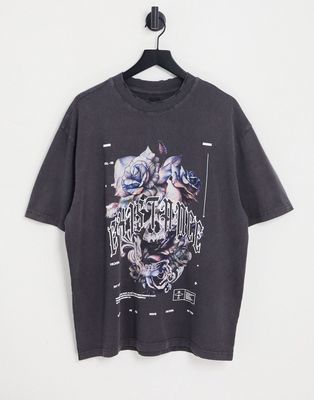 River Island floral skull t-shirt in gray