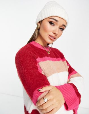 River Island fluffy stripe sweater in bright pink