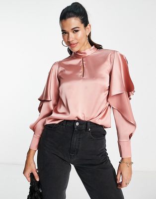 RIVER ISLAND FRILL SLEEVE SATIN BLOUSE IN PINK