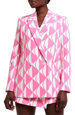 River Island Geo Print Structured Double Breasted Blazer in Medium Pink