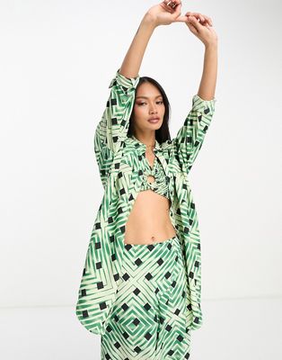 River Island geometric print beach shirt in light green - part of a set