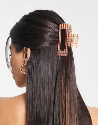 River Island hair clip in amber plaid resin-Orange