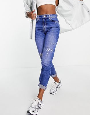 River Island high rise mom jeans with rips in bright blue