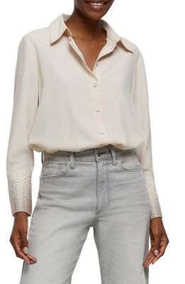 River Island Hotfix Crystal Cuff Satin Button-Up Shirt in Ivory