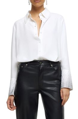 River Island Hotfix Crystal Cuff Satin Button-Up Shirt in White