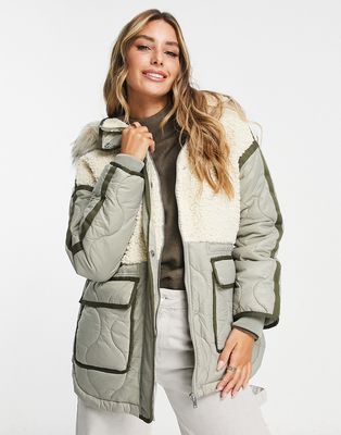 River Island hybrid borg and nylon jacket in khaki-Green