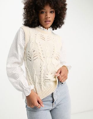 River Island hybrid cable knit broderie shirt sweater in cream-White