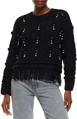 River Island Imitation Pearl Embellished Cable Fringe Sweater in Black