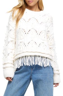 River Island Imitation Pearl Embellished Cable Fringe Sweater in Cream