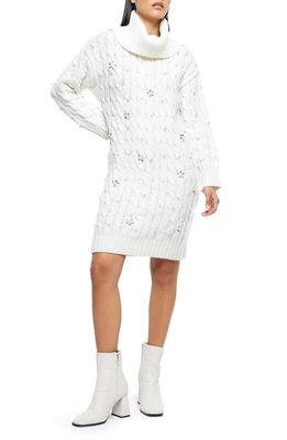 River Island Imitation Pearl Embellished Long Sleeve Turtleneck Sweater Dress in Cream