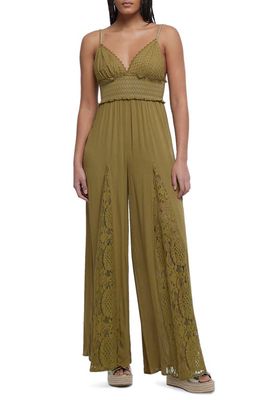 River Island Inset Lace Beach Wide Leg Jumpsuit in Green