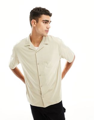 River Island jersey revere collar shirt in stone-Neutral