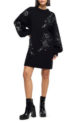 River Island Jessie Crystal Floral Embellished Long Sleeve Sweater Dress in Black