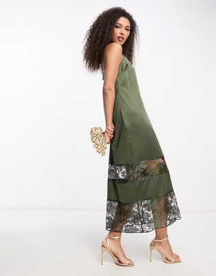 River Island lace detail slip dress in khaki-Green