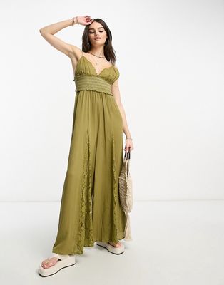 River Island lace insert shirred jumpsuit in light green