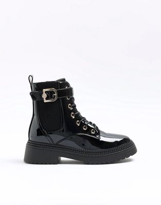 River Island lace up boot with gold buckle in black