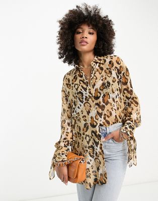 River Island leopard print chiffon blouse in brown-Neutral