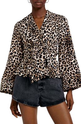 River Island Leopard Print Tie Front Satin Blouse in Brown