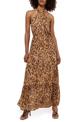 River Island Leopard Print Tiered Halter Maxi Dress in Brown
