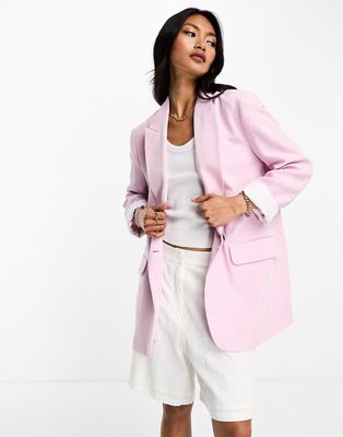 River Island linen blazer with stripe cuff detail in pink