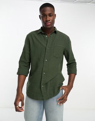 River Island long sleeve linen crepe one-pocket shirt in khaki-Green