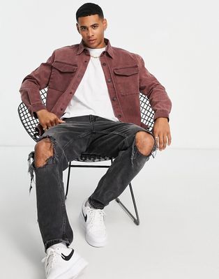River Island long sleeve overshirt with double pocket in burgundy-Red