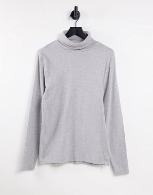 River Island long sleeve slim ribbed roll neck sweater in gray-Grey