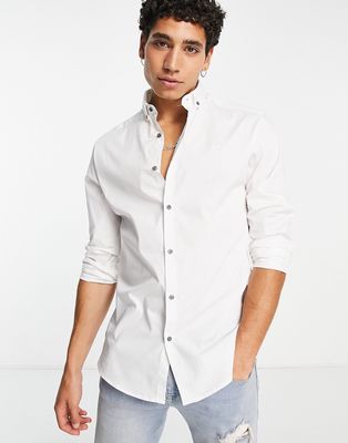 River Island long sleeve smart muscle fit poplin shirt in white