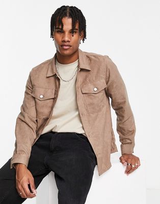 River Island long sleeve suedette shirt in stone-Gray