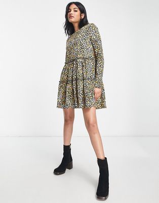 River Island long sleeved tiered smock mini t-shirt dress in brown floral