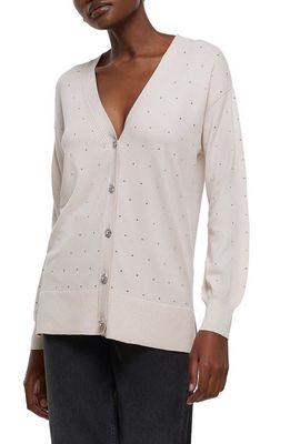 River Island Loose Fit Crystal Embellished V-Neck Cardigan in Cream