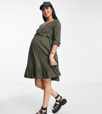 River Island Maternity frill smock mini dress in khaki-Green