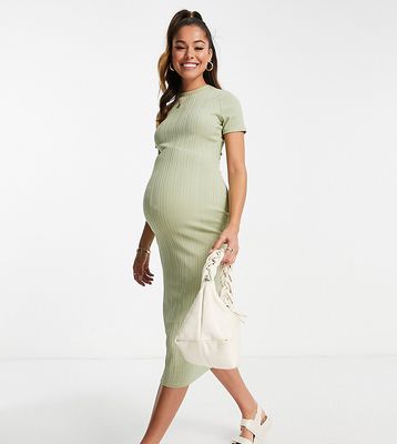River Island Maternity ribbed midi dress in light khaki-Green