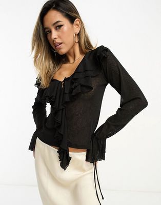 River Island mesh shirt with frill detail in black