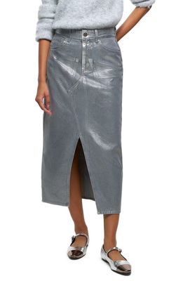 River Island Metallic Coated Cotton Denim Midi Skirt in Grey