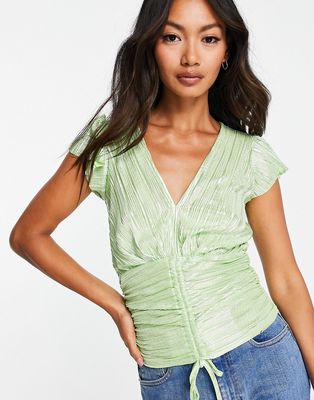 River Island metallic plisse ruched top in light green