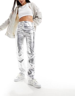 River Island metallic straight leg pants in silver