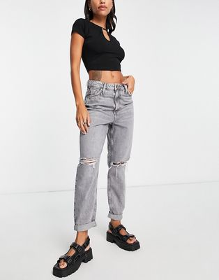 River Island mom high rise jean with rip detail in gray