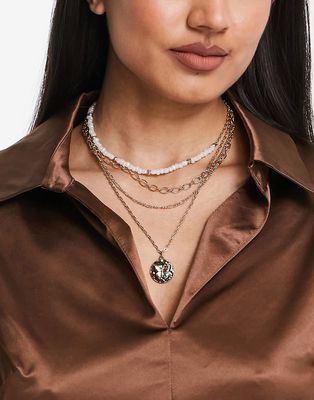 River Island multirow chain necklace with hammered pendant-Gold