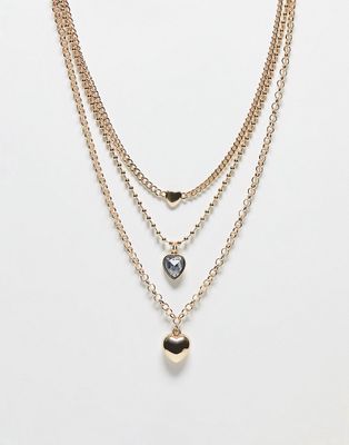 River Island multirow diamante heart necklace-Gold