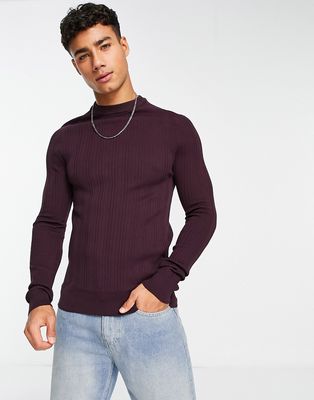 River Island muscle rib crew neck sweater in burgundy-Red