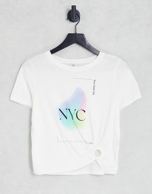 River Island NYC graphic tie side tee in white