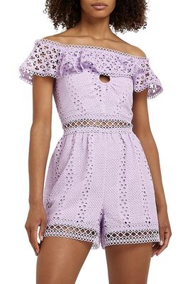 River Island Off the Shoulder Ruffle Broderie Lace Romper in Purple
