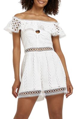 River Island Off the Shoulder Ruffle Broderie Lace Romper in White