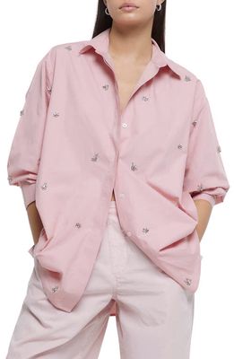 River Island Oversize Embellished Long Sleeve Cotton Button-Up Shirt in Pink