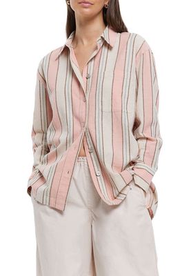 River Island Oversize Stripe Cotton & Linen Button-Up Shirt in Pink